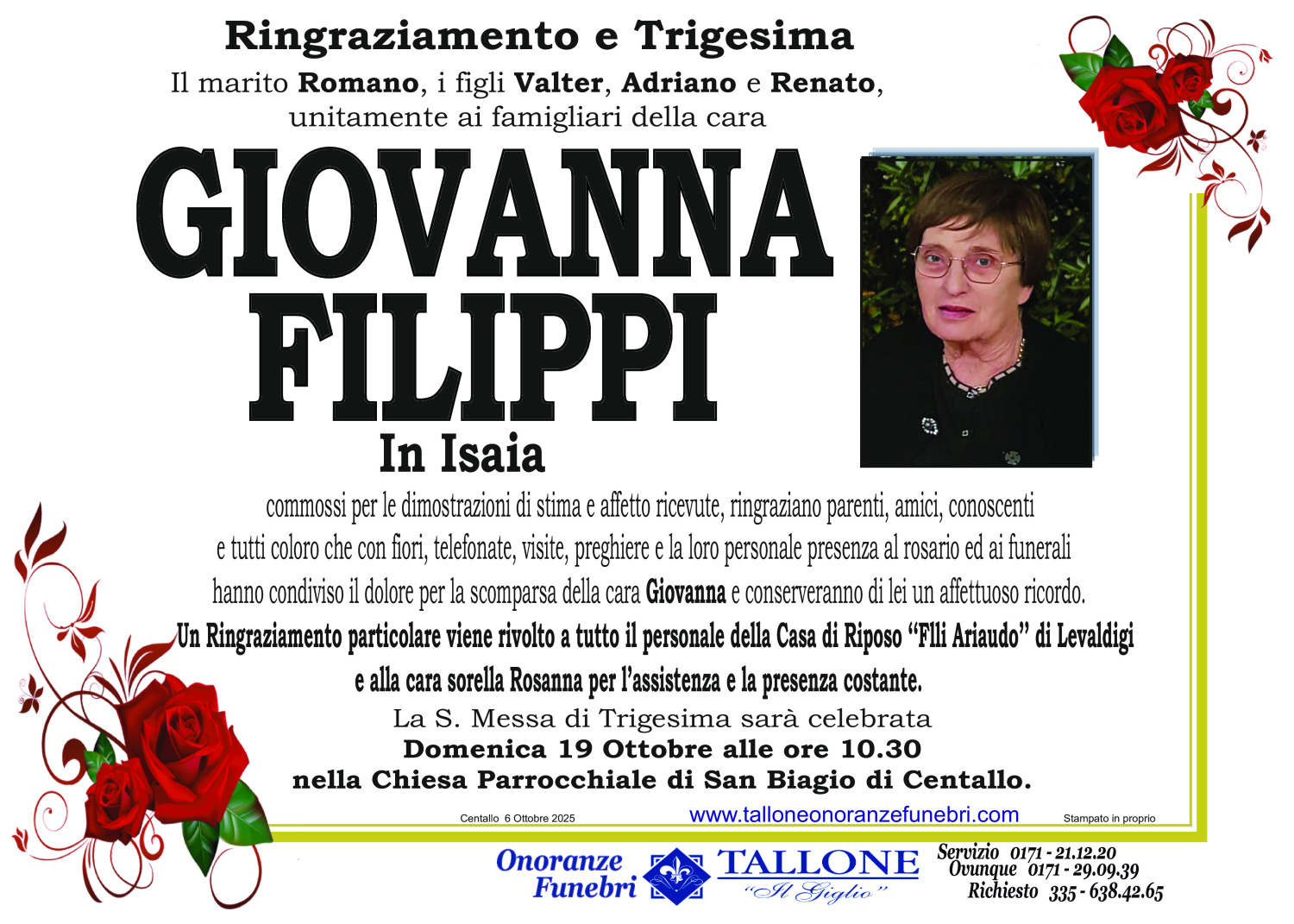 <br />
<b>Warning</b>:  Undefined variable $info in <b>/home/tallone/public_html/ringraziamenti.php</b> on line <b>68</b><br />
Giovanna Filippi